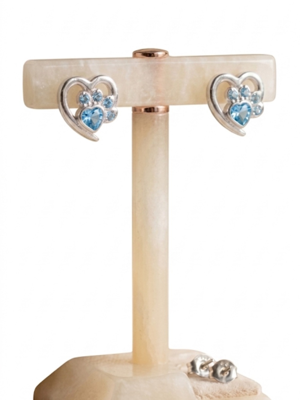 Silver Heart Paw Print Stud Earrings Blue Rhinestone Crystal Animal Lover